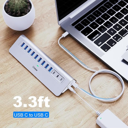 Powered USB Hub 10Gbps, intpw 12 Port USB C Hub with USB C 3.2+2 USB A 3.2, 7 USB 3.0, 2 PD 45W Charging Port, 65W Power Adapter + 3.3FT Cable, Aluminum USB Hub for PC/Laptop/iPhone 17/16/PC