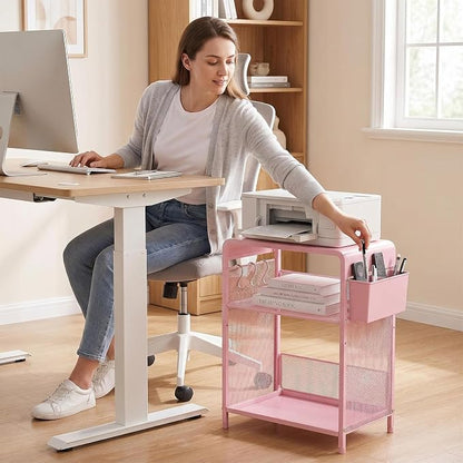 ECOLOVI 3 Tier Printer Stand for Under Desk, Height Adjustable Shelf Small Printer Table with 3 S-Hooks & Basket, Heavy Duty Industrial Storage Shelf for Home Office (Pink Metal)