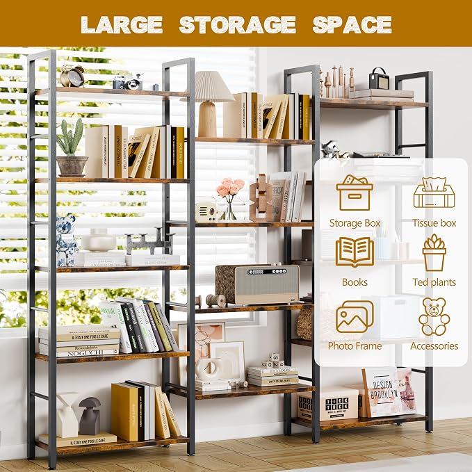 Shintenchi Triple 5 Tier Bookshelf, Industrial Large Bookcase with 14 Open Display Shelves, Large Etagere Bookshelf,Wide Book Shelf Book Case for Home & Office, Brown