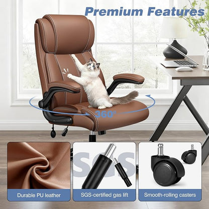 BESTFAIR Ergonomic Office Chair - Desk Computer Chair, Leather High Back Executive Chairs with Adjustable Lumbar Support & Flip Up Arms, Brown 6 Pack