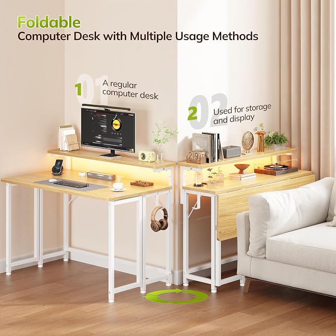 DurayLoly Folding Table with RGB Light for Small Space, 39.4" Folding Computer Desk for Space Saving Sofa Table for Couch, Home Work Office Desk with Monitor Stand, Easy to Fold with Hooks,Oak