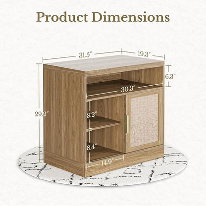 Rattan File Cabinet with Sliding Door, 32'' Lateral File Cabinet with Open Adjustable Shelves, Wood Filing Cabinet for Home Office, Natural Oak