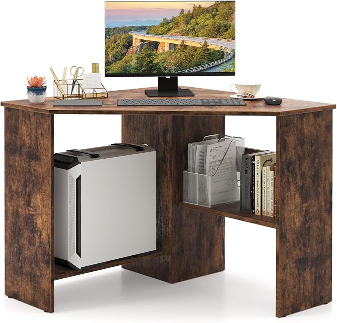 Giantex Corner Desk, Space-Saving Triangle Computer Desk with Storage Shelves & CPU Stand, Modern Makeup Vanity Table for Bedroom, Writing Desk for Small Spaces (Rustic Brown)