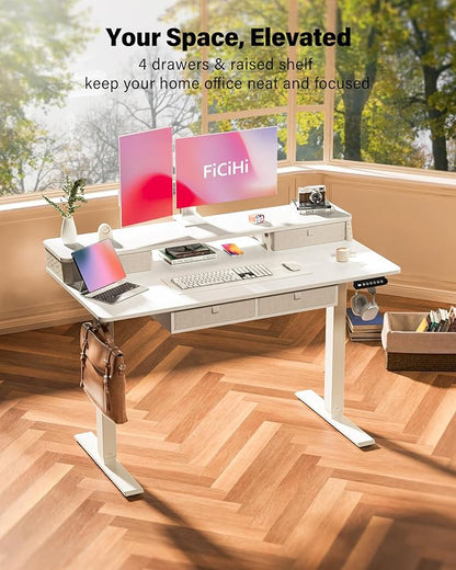 FiCiHi Electric Standing Desk with Four Drawers, 48 x 24 Inch Adjustable Height Sit Stand Desk, C-Clamp Compatible Home Office Desk with Storage Shelf & Monitor Stand Riser, White