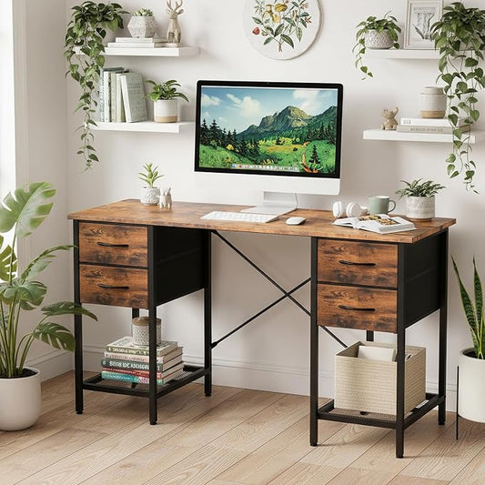 Sweetcrispy Computer Desk with Drawers 55 Inch Home Office Bedroom Table 4 Fabric Drawers 2 Mesh Storage Shelves Wood X-Shaped Writing Study PC Desk Workspace Side Hook Metal Frame Organizer Brown