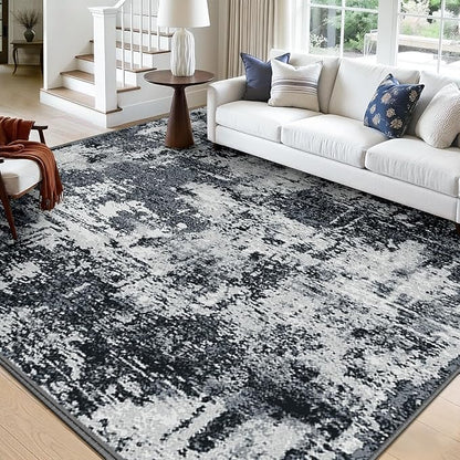 RELEANY Washable Area Rugs Square 10ft Non-Slip Modern Abstract Soft for Living Room Entryway Bedroom Kitchen, Print Pattern, Black Navy Blue Gray
