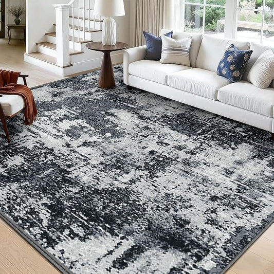 RELEANY Washable Area Rugs Square 10ft Non-Slip Modern Abstract Soft for Living Room Entryway Bedroom Kitchen, Print Pattern, Black Navy Blue Gray