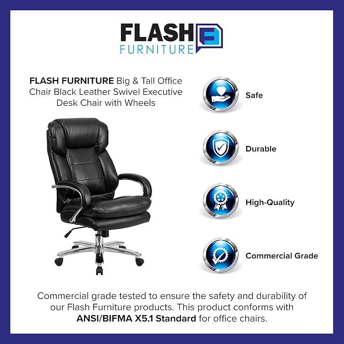 Flash Furniture Hercules Series LeatherSoft Swivel Office Chair with Loop Arms, Ergonomic High-Back Executive Chair with Padded Seat and Arms, Black