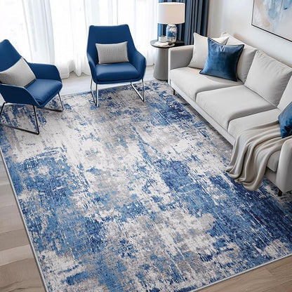 RELEANY Washable Area Rugs 7'x9' Non-Slip Modern Abstract Soft for Living Room Entryway Bedroom Kitchen, Print Pattern, Blue Grey Navy Gray