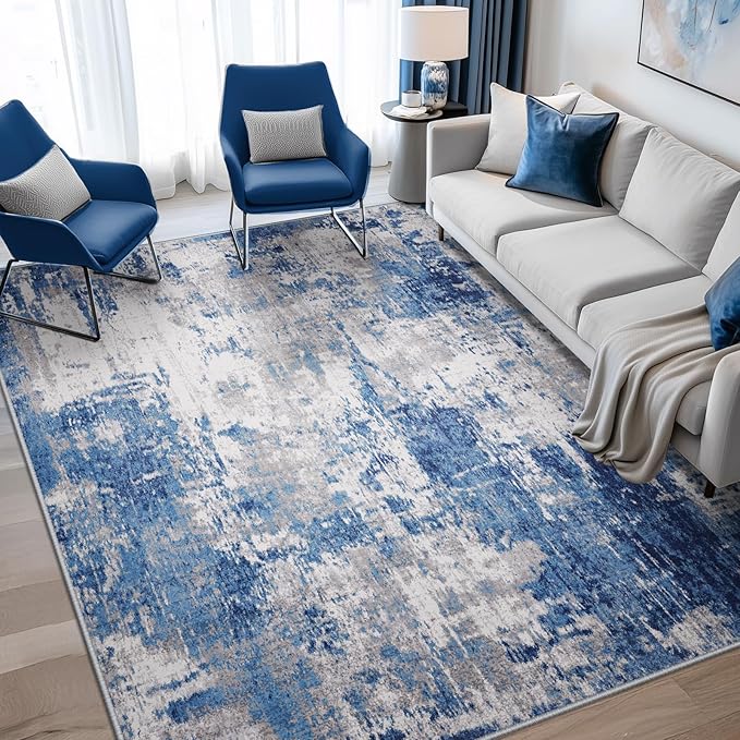 RELEANY Washable Area Rugs 6'x8' Non-Slip Modern Abstract Soft for Living Room Entryway Bedroom Kitchen, Print Pattern, Blue Grey Navy Gray