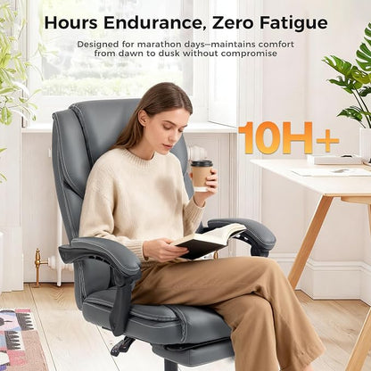 Office Chair with Footrest, Executive Breathable Leather Office Desk Chair with Lumbar Support - Ergonomic Comfy Wide Reclining Swivel Rolling Gaming Computer Chair with Adjustable 90-135° High Back