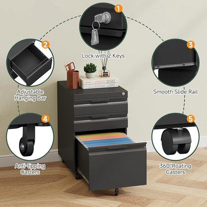 Mobile File Cabinet with Lock,3 Drawer Under Desk Metal Rolling Filing Cabinets for Home Office Organizer A4/Letter/Legal,Easy Assembly,Black