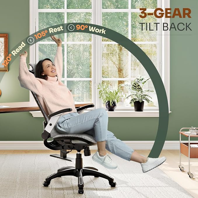 GABRYLLY Ergonomic Office Chair, High Back Home Desk Chair with Headrest, Flip-Up Arms, 90-120° Tilt Lock and Wide Cushion, Big and Tall Mesh Chairs for Man Woman, Grey Task Chair