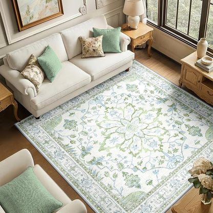 RELEANY Area Rugs Square 6ft Washable Non-Slip, Floral Vintage Distress Medallion Carpet for Living Room Bedroom Dining Room, Green White Blue