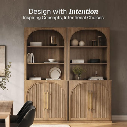 BELLEZE Set of 2 Tall Arched Storage Cabinet with Hutch, Freestanding Display Shelf with Fluted Design, Wood Highboard for Living Room and Home Office, Camel