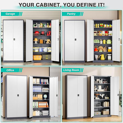 Wide & Deep Metal Storage Cabinet with Shelves,72 inch Tall Garage Storage Cabinet with Lock,Gray White Metal Cabinets with Locking Doors,Large Steel Lockable Cabinets for Home,Office,Shop,Garage