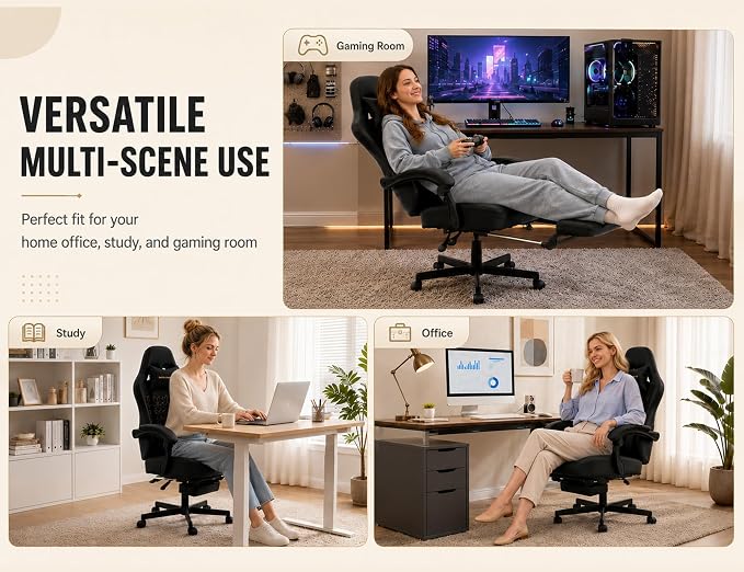 Office Desk Computer Gaming Chair for Adults, Ergonomic High Back Gamer Chair with Massage and Pocket Spring Cushion, Swivel Comfy Video Game Chairs with Footrest and Lumbar Support (Pro Black)