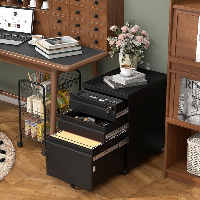 Filing Cabinets for Home Office, Printer Table with Caster, Lockable Office Cabinet with 3 Drawer, Small File Cabinet for Letters/A4, No Assembly Required, Black