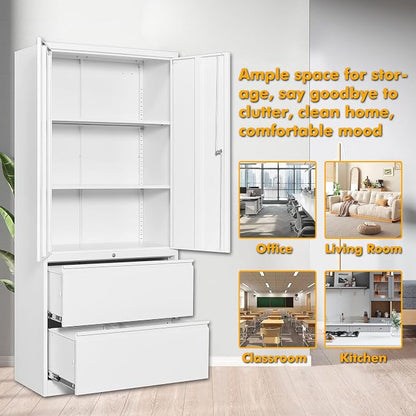 STANI 2 Drawer Lateral File Cabinet, Metal Storage with Drawers, Locking File Cabinet with Shelves, Metal Storage Cabinets for Letter/Legal/F4/A4 Size Files