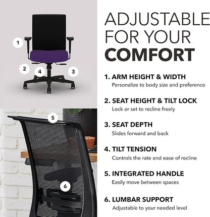 HON Convergence Ergonomic Office Chair with Mesh Back, Adjustable Arms, Lumbar Support, Synchro‑Tilt Desk Chair with Wheels for Home Office or Computer Use, Black Frame, Iris