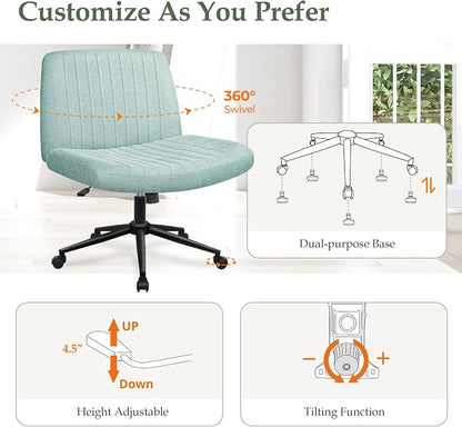 Orange Factory Criss Cross Chair Wheels Wide Cross Legged Office Desk Vanity Dual Base Comfy Fabric Armless Adjustable Swivel for Home Computer Task (Mint Dual Base, Fabric)