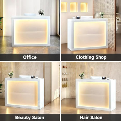 TC-HOMENY Reception Desk with LED Lights, 55'' Retail Counter Modern with Storage Shelves and Cable Grommet, Front Table, Salon Desk, Office Table,White