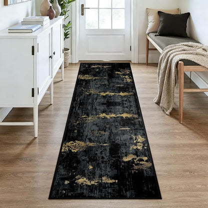 RELEANY Washable Area Rugs 3x8 Non-Slip Modern Abstract Soft for Living Room Entryway Bedroom Kitchen, Print Pattern, Dark Black Gold