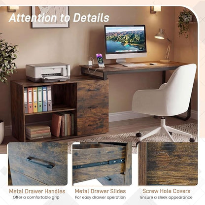 GOFLAME Reversible L Shaped Computer Desk with Charging Station, 55” Home Office Desk with 3 Drawers, 3-Level Adjustable Shelf, Convertible Study Writing Desk for Small Space, Rustic Brown