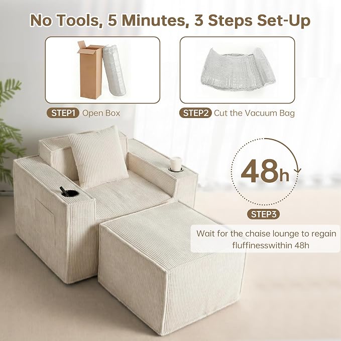 Cloud Single Sofa,Comfy Lounge Chair with Elevated Seat Height, Cup Holder & Side Pocket,No Assembly Required, Foam Couch for Small Space Bedroom Office Apartment (White, with Ottoman)