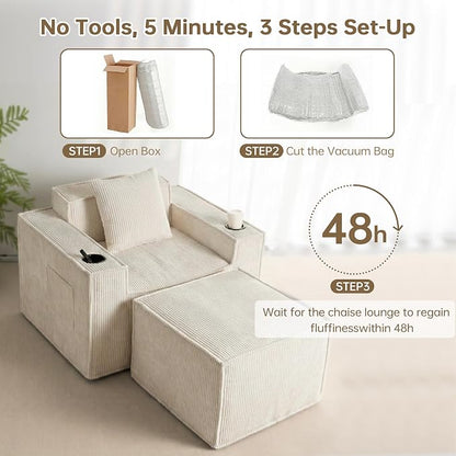 Cloud Single Sofa,Comfy Lounge Chair with Elevated Seat Height, Cup Holder & Side Pocket,No Assembly Required, Foam Couch for Small Space Bedroom Office Apartment (White, with Ottoman)