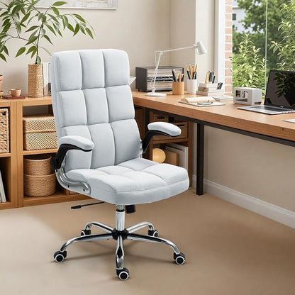ECOTOUGE Executive Office Chair, Velvet Ergonomic Comfy Desk Chair, High Back Computer Chair with Adjustable Tilt Angle and Flip-up Arms (Grey, Without Footrest)