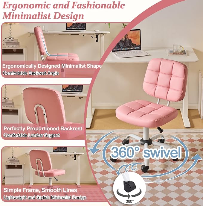 VINGLI Compact Small Desk Chair, Cute Armless Chair with Wheels, Vanity Chair with Low Back, Height Adjustable Task Chair for Small Spaces, Office, Bedroom, Make Up Room, PU Leather, Pink
