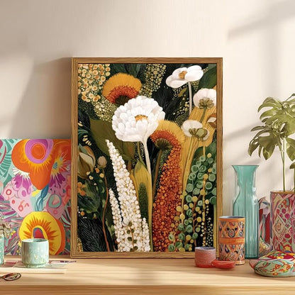 Framed Vintage Floral Canvas Wall Art, Abstract Flower Pictures Wall Decor, Boho Wildflower Botanical Paintings Prints Mid Century Modern Home Decor Aesthetic for Living Room Bedroom 12x16 inch
