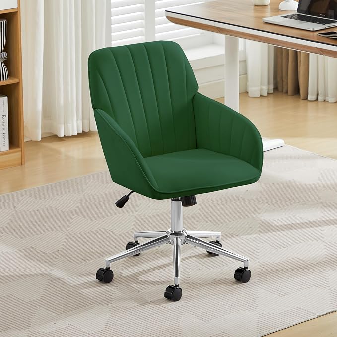Velvet Home Office Desk Chair, Modern Cute Computer Task Chair with Back, Height Adjustable Upholstered Vanity Chair with Swivel Wheels for Women, Girls (Silver Base, Green