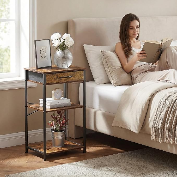 Small Printer Stand with Fabric Drawer & Storage Side Table | Sturdy compact build, works as nightstand end table & accent table. Ideal for bedroom living room & home office daily storage
