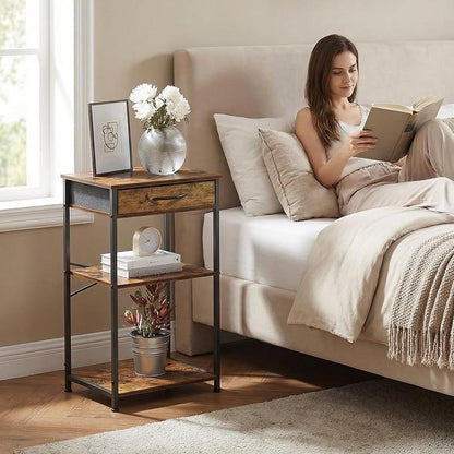 Small Printer Stand with Fabric Drawer & Storage Side Table | Sturdy compact build, works as nightstand end table & accent table. Ideal for bedroom living room & home office daily storage