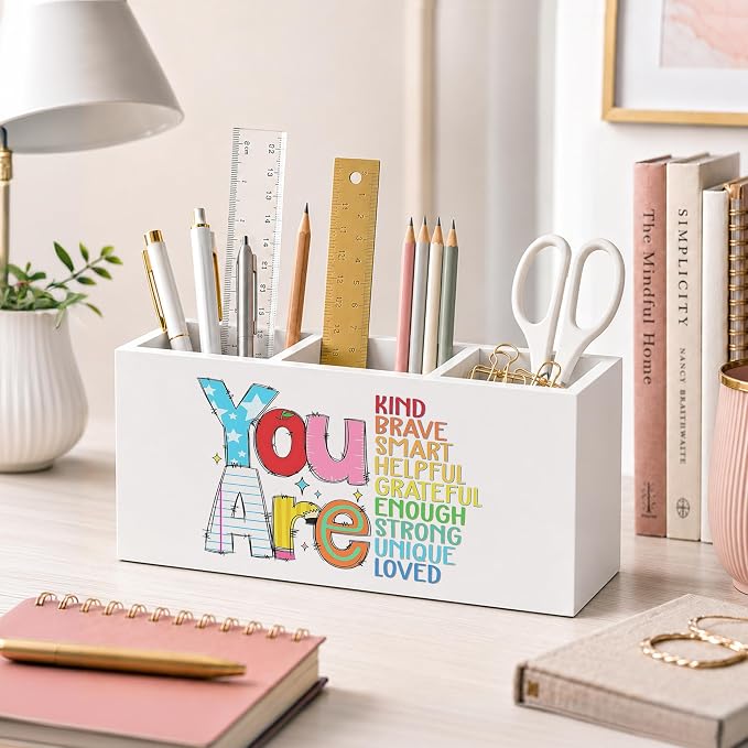 Boho Inspirational Pen Holder for Desk, You Are Kind Motivational Quotes Wooden Box Sign Desk Decor for Classroom Kids Room Home Office Decoration, Colorful Positive Pencil Organizer