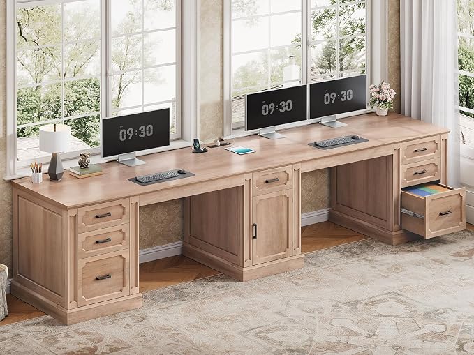SEDETA Farmhouse 110.3" Two Person Desk with 7 Drawers, Long Computer Desk with Storage Cabinet, 2 Person Desk with Power Outlets for Home Office, Oak