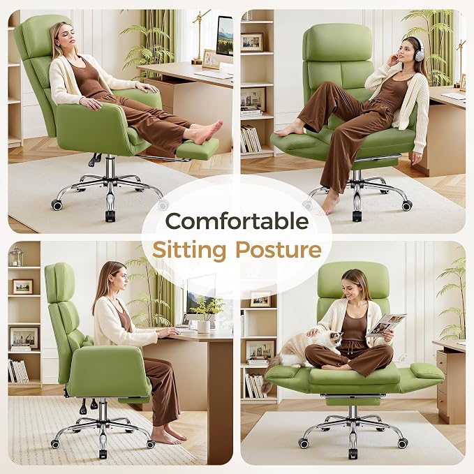 Big and Tall Office Chair 500LBS, Ergonomic High Back Leather Executive Chair, Reclining Swivel with Adjustable Armrests Lumbar Support Footrest, Cross Legged, Green