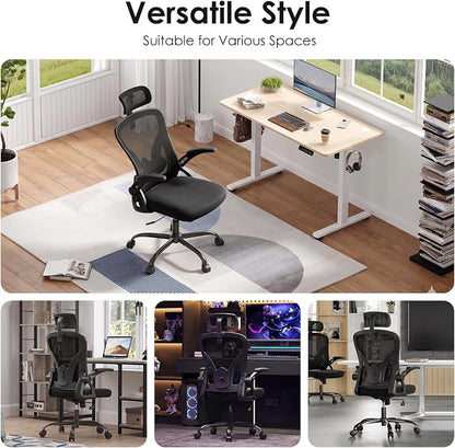 Farini Ergonomic Office Chair, Home Office Desk Chair with Headrest, High Back Swivel Computer Chair with Armrests and Adjustable Lumbar Support for Home Office Study Room, Black & Dark Black