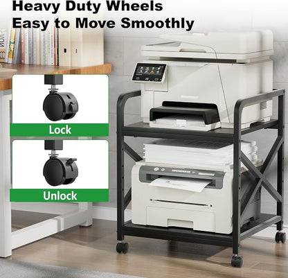 2 Tier Printer Stand with Storage Shelf, Printer Table with Height Adjustable Top Shelf, Under Desk Storage Printer Cart for Paper Shredder Scanner, 3D Printer Stand for Home Office(Black)