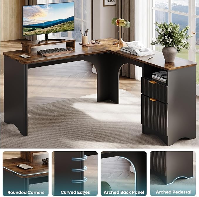 Bestier L Shaped Desk with File Drawer, 55.7" x 55" Office Computer Desk with Round Corners, Modern Desk with Monitor Stand & Fluted Panels for Home Office, Black & Rustic Brown