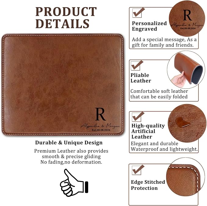 Personalized Leather Custom Mouse Pad with Wrist Rest,Customized Mouse Pads for Desk, for Weddings, Anniversaries, Birthdays,and Special Occasions (A (Brown-Rectangle))