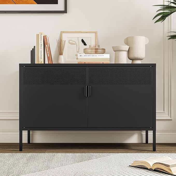 Chshin Metal Storage Cabinet with Doors,Black Accent Cabinet,Metal Locker Storage Cabinets,2 Door TV Media Stand with Removable Shelves for,Home,Office,Entryway,Living Room