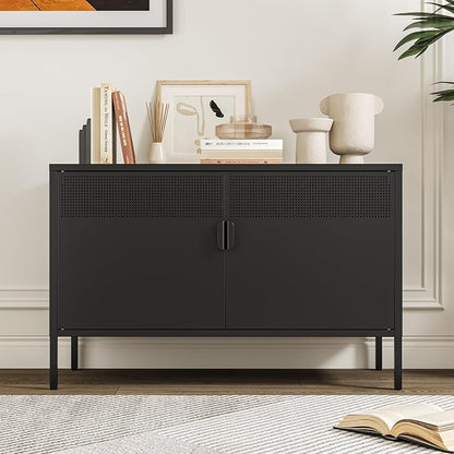Chshin Metal Storage Cabinet with Doors,Black Accent Cabinet,Metal Locker Storage Cabinets,2 Door TV Media Stand with Removable Shelves for,Home,Office,Entryway,Living Room