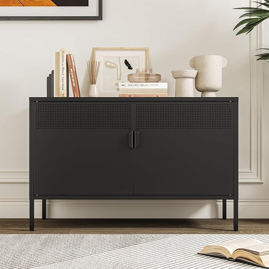 Chshin Metal Storage Cabinet with Doors,Black Accent Cabinet,Metal Locker Storage Cabinets,2 Door TV Media Stand with Removable Shelves for,Home,Office,Entryway,Living Room