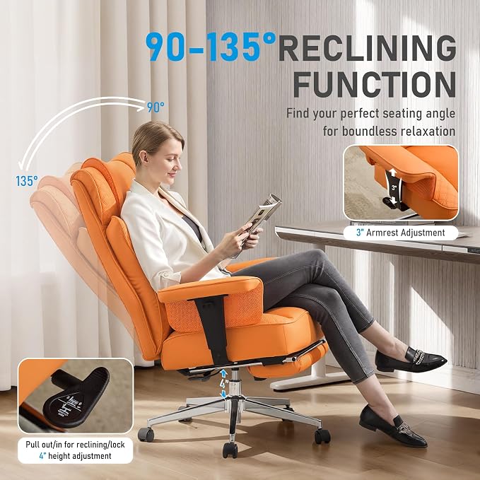 Big and Tall Office Chair, Leather Executive Ergonomic Desk Chair with Footrest, Comfy High-Back Computer Reclining Chairs with Lumbar Support (Orange)