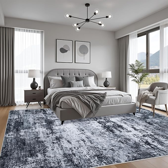 6x9 Area Rug Living Room Rug: Washable Modern Abstract Soft Thin Rug Indoor Floor No Slip Stain Resistant Carpet for Bedroom Dining Room Farmhouse Nursery Home Office - Black