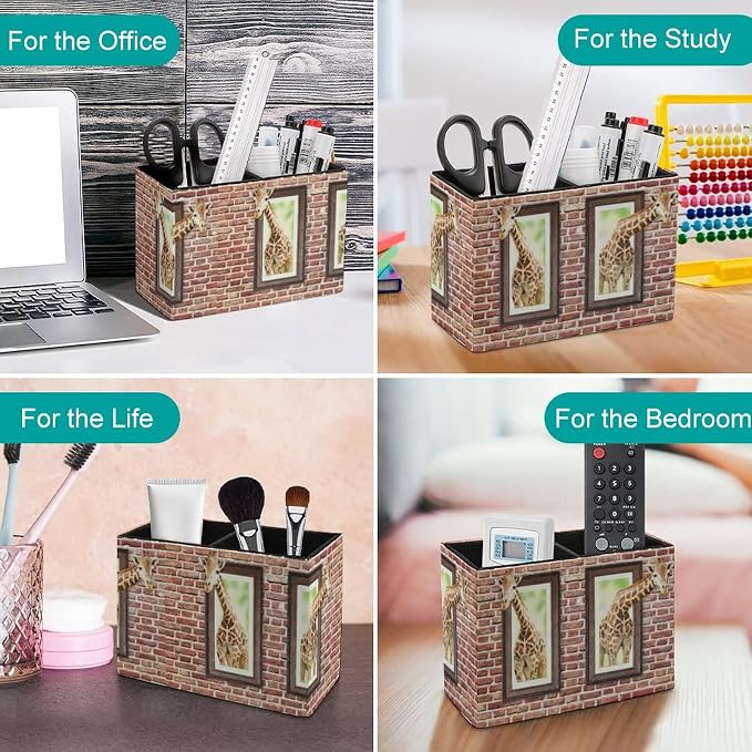 Pencil Holder for Desk, Curious Cute Giraffes Pen Holder Storage Desktop Pen Organizer Desk Pencil Organizer Makeup Brush Holder for Office School College Leather