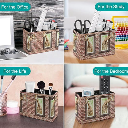 Pencil Holder for Desk, Curious Cute Giraffes Pen Holder Storage Desktop Pen Organizer Desk Pencil Organizer Makeup Brush Holder for Office School College Leather